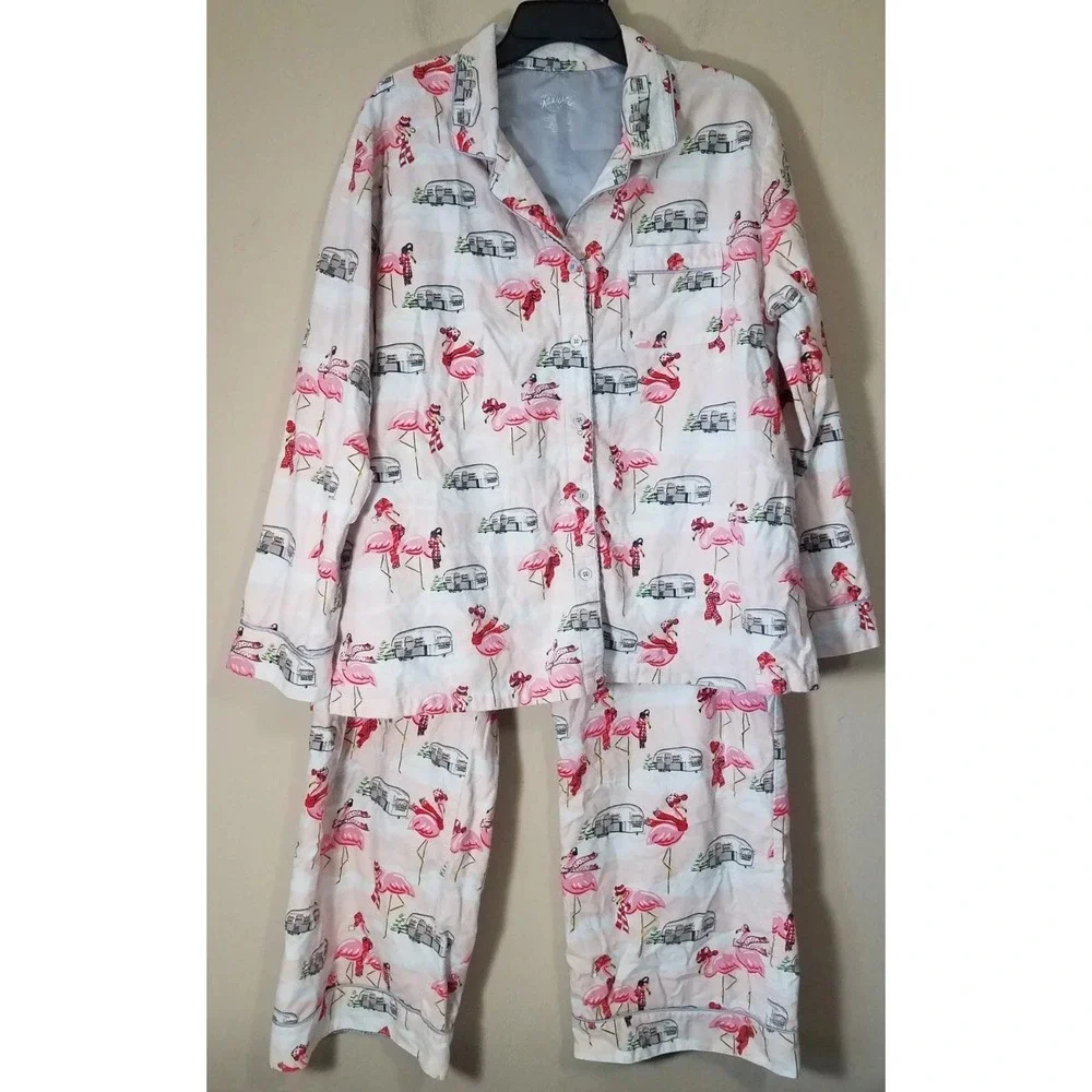 Nick & Nora Pajama Set Women XXL‎ Flannel Pink Winter Flamingo Airstream Camper